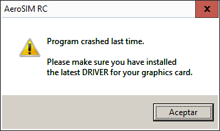 Program crashed last time.

Please make sure you have installed
the latest DRIVER for your graphics card.