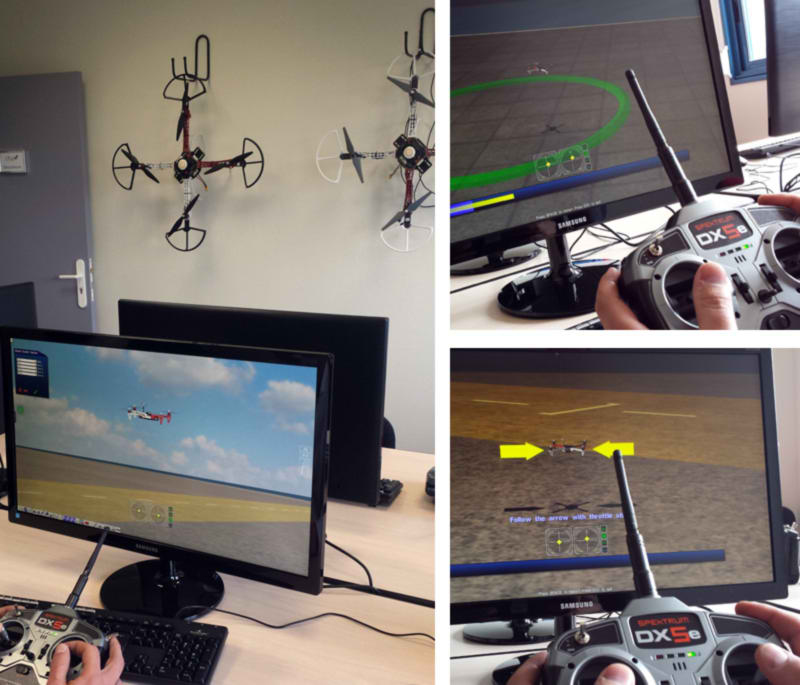 CFAD has a dedicated room equipped with five AeroSIM-RC simulators. The students familiarise with the controller and the aircraft and identifies each action (lift, tilt, roll, pan).Then performs a series of pre-determined exercises under instructor supervision.