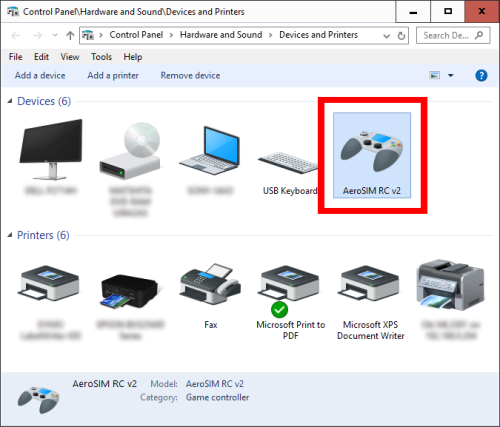 Devices and Printers showing AeroSIM-RC USB interface